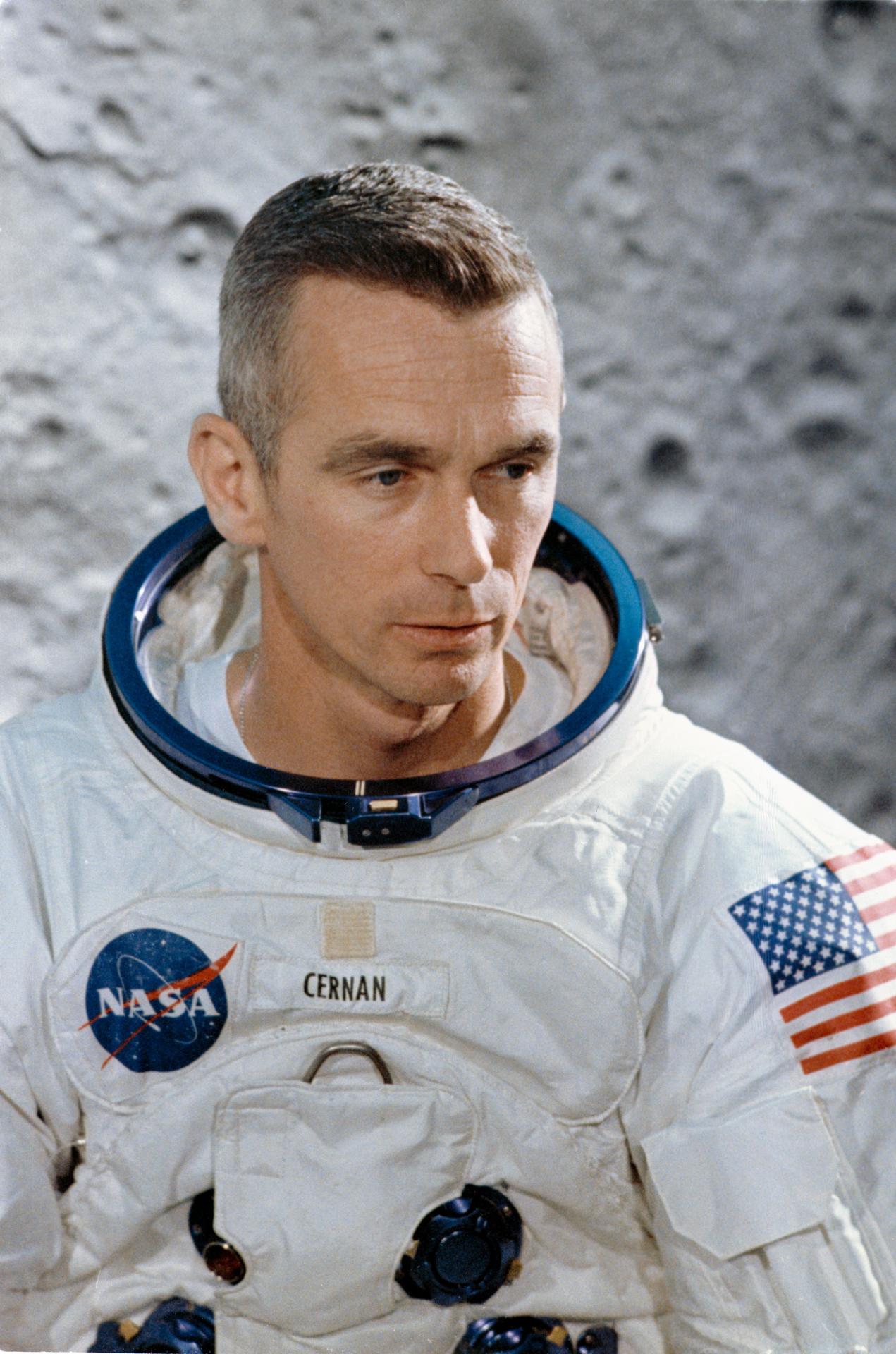 Portrait of Gene Cernan taken in front of a lunar background