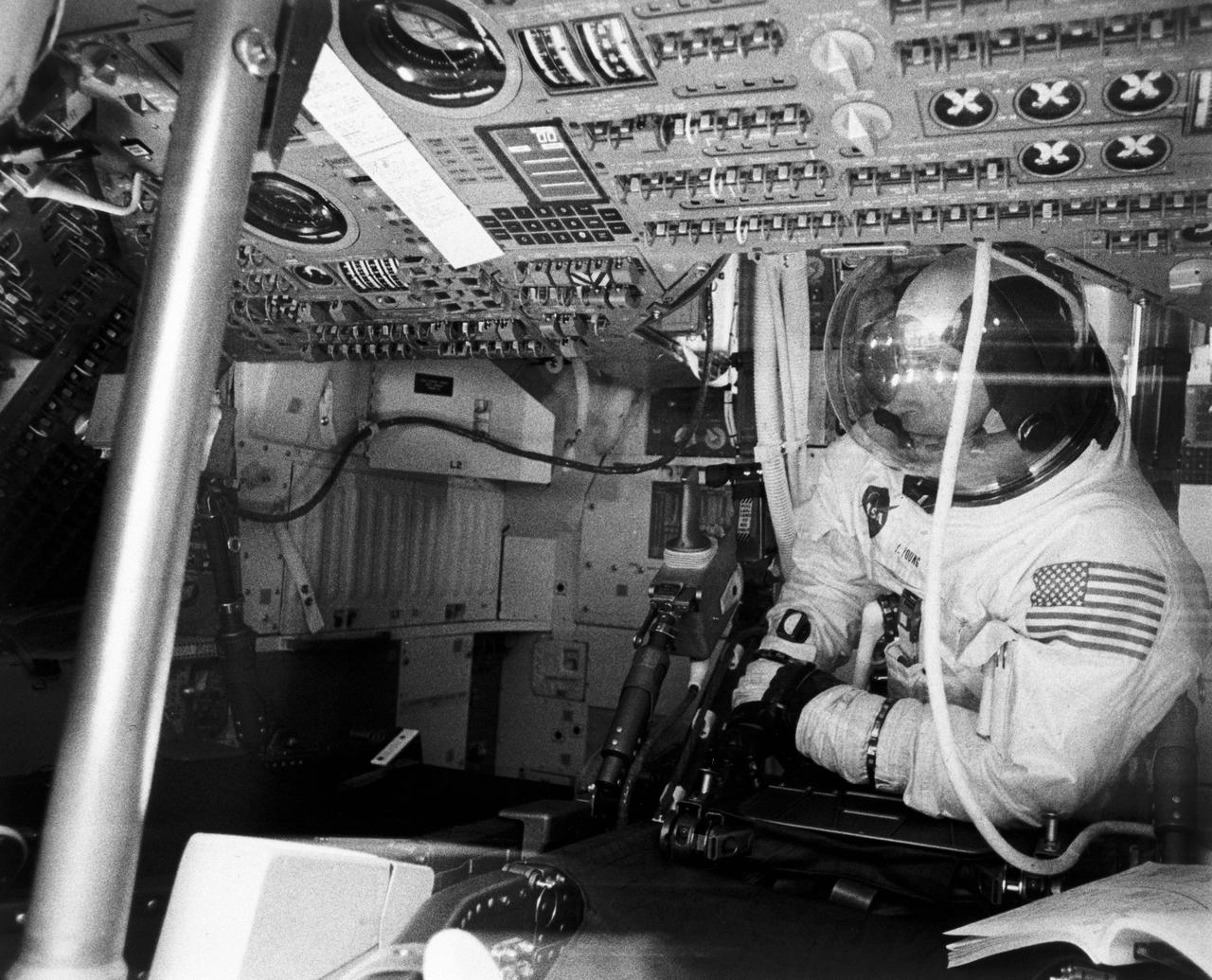 S69-32789 (3 April 1969) --- Astronaut John W. Young, Apollo 10 prime crew command module pilot, participates in simulation activity in the Apollo Mission Simulator at the Kennedy Space Center during preparations for his scheduled lunar orbit mission.