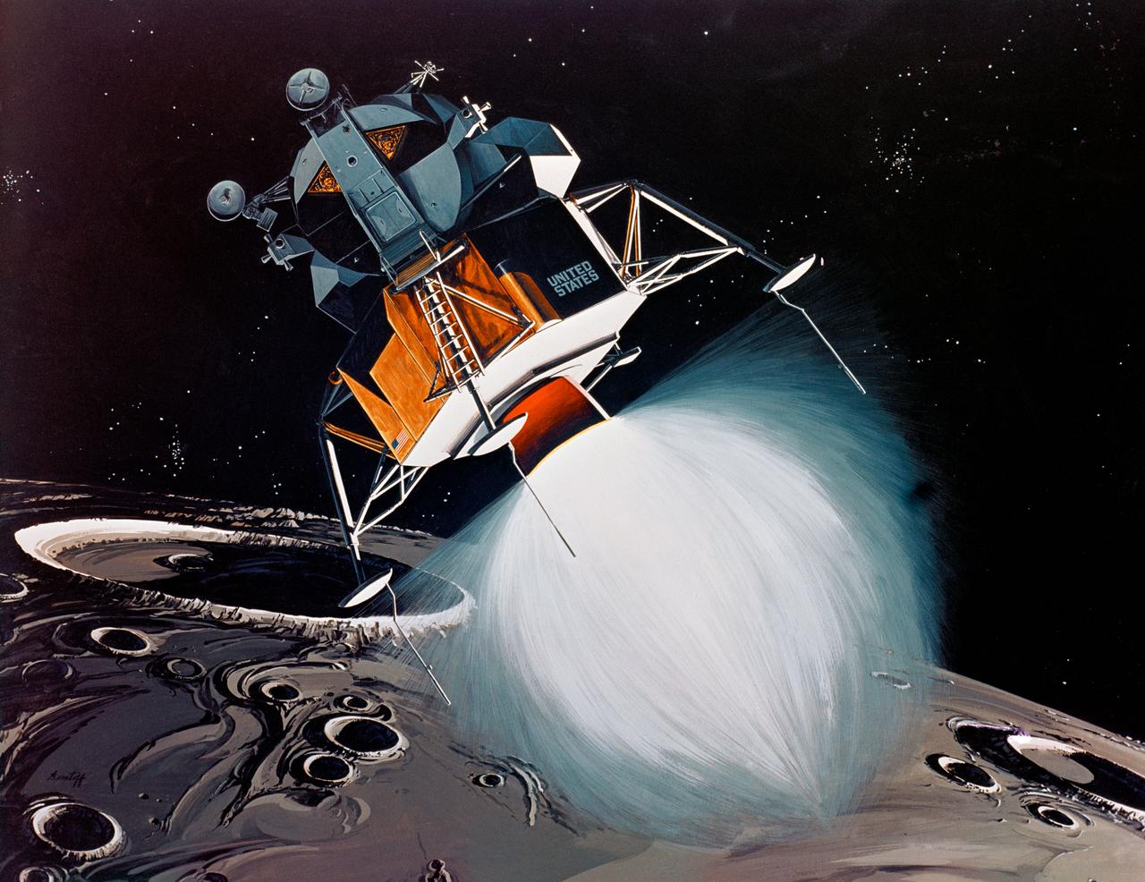 S69-33765 (12 May 1969) --- Artist's concept depicting the firing of the Apollo 10 Lunar Module descent engine for 42 seconds to propel "Snoopy" back into a higher lunar orbit for rendezvous and docking with the Command and Service Modules. Earlier, the LM descent engine will be fired for 27 seconds to take astronauts Thomas P. Stafford, Apollo 10 commander; and Eugene A. Cernan, lunar module pilot, to within 10 miles of the moon's surface. Astronauts John W. Young, command module pilot, will remain in the Command Module, "Charlie Brown," in lunar orbit. Developed by TRW's Systems Group at Redondo Beach, California, under Grumman subcontract, the throttleable descent engine will be used to soft land the LM on the lunar surface during Apollo 11 and subsequent Apollo missions.