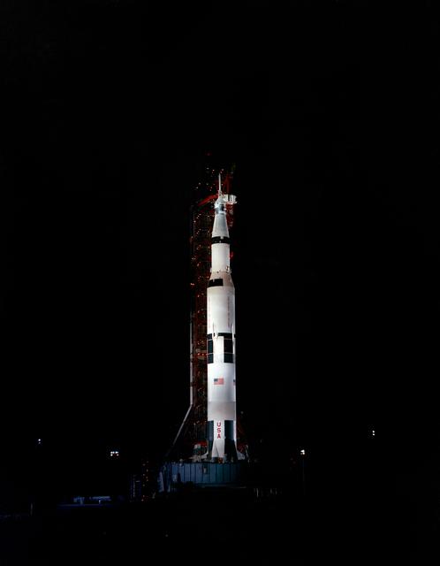 NASA image: Nighttime view of Apollo 10 space vehicle on Pad B, Launch Complex 39