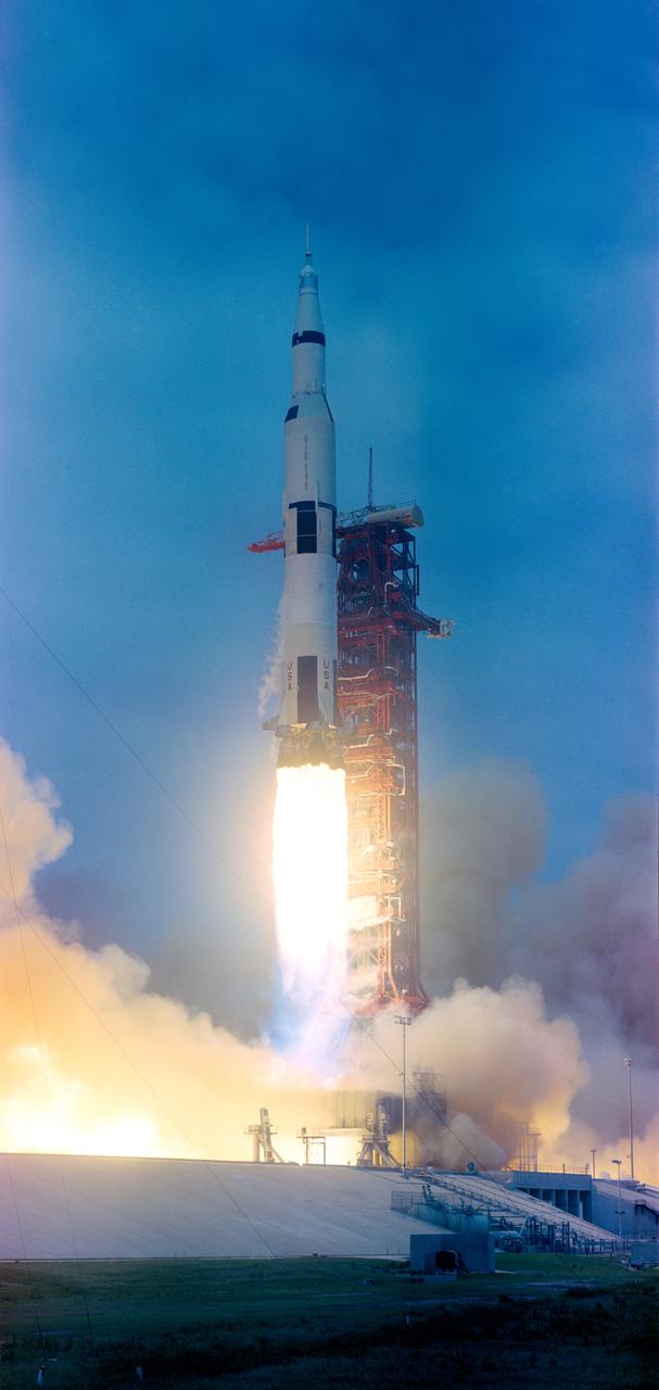 S69-34145 (18 May 1969) --- The Apollo 10 (Spacecraft 106/Lunar Module 4/Saturn 505) space vehicle is launched from Pad B, Launch Complex 39, Kennedy Space Center at 12:49 p.m. (EDT), May 18, 1969. Aboard the spacecraft are astronauts Thomas P. Stafford, commander; John W. Young, command module pilot; and Eugene A. Cernan, lunar module pilot. The eight-day, lunar orbit mission will mark the first time the complete Apollo spacecraft has operated around the moon and the second manned flight for the Lunar Module (LM). Two Apollo 10 astronauts, Stafford and Cernan, are scheduled to descend to within eight nautical miles of the moon's surface in the LM.
