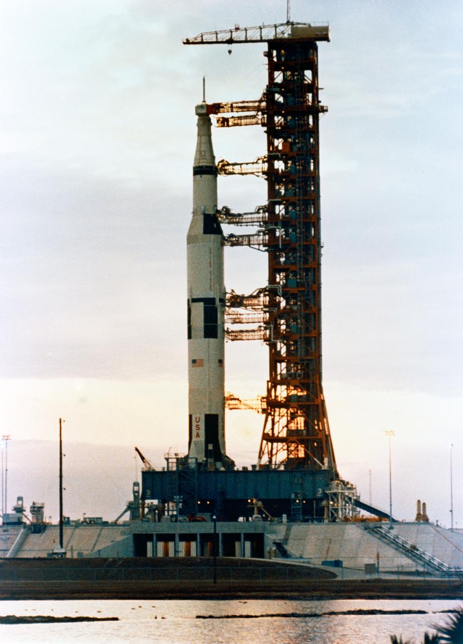 S69-34318 (11 March 1969) --- Ground-level view at sunset of the Apollo 10 (Spacecraft 106/Lunar Module 4/Saturn 505) space vehicle at Pad B, Launch Complex 39, Kennedy Space Center. The Apollo 10 stack had just been positioned after being rolled out from the Vehicle Assembly Building. The Apollo 10 crew will be astronauts Thomas P. Stafford, commander; John W. Young, command module pilot; and Eugene A. Cernan, lunar module pilot.