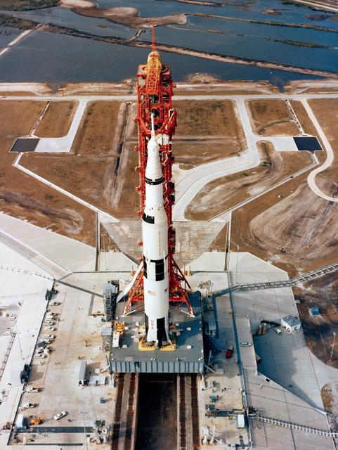 NASA image: Aerial, high-angle view of Apollo 10 on Pad B, Launch Complex 39, KSC