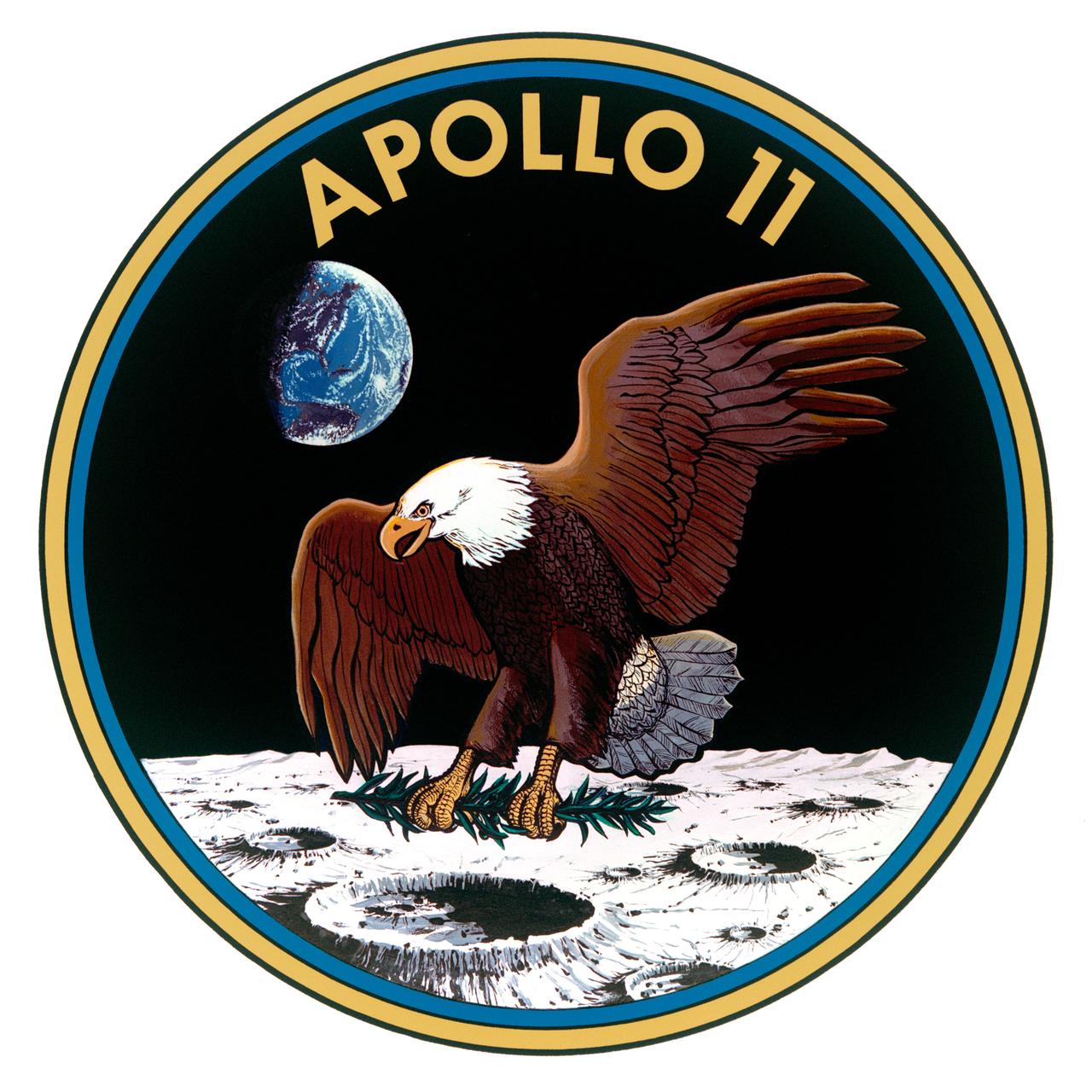 S69-34875 (June 1969) --- The official emblem of Apollo 11, the United States' first scheduled lunar landing mission. The Apollo 11 crew will be astronauts Neil A. Armstrong, commander; Michael Collins, command module pilot; and Edwin E. Aldrin Jr., lunar module pilot. The NASA insignia design for Apollo flights is reserved for use by the astronauts and for the official use as the NASA Administrator may authorize. Public availability has been approved only in the form of illustrations by the various news media. When and if there is any change in this policy, which we do not anticipate, it will be publicly announced.