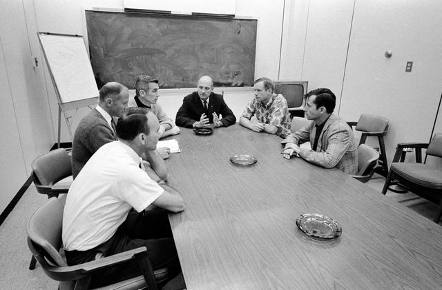 NASA image: Apollo 10 and 11 crews photographed during Apollo 10 debriefing