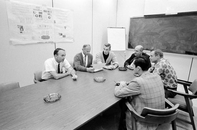NASA image: Apollo 10 and 11 crews photographed during Apollo 10 debriefing