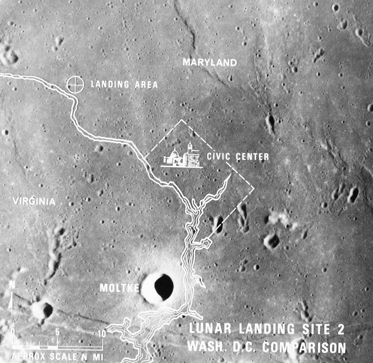 S69-38667 (July 1969) --- A photographic illustration comparing the size of Apollo Landing Site 2 with that of the metropolitan Washington, D.C. area.  Site 2 is one of three Apollo 11 lunar landing sites.  This will be the landing site if Apollo 11 is launched on July 16, 1969, as scheduled.  Site 2 is located at 23 degrees 42 minutes 28 seconds east longitude and 0 degrees 42 minutes 50 seconds north latitude in southwestern Mare Tranquillitatis (Sea of Tranquility).  (The white overlay is printed over a lunar surface photograph taken from Apollo 10 during its lunar orbit mission and is numbered AS10-31-4537.)