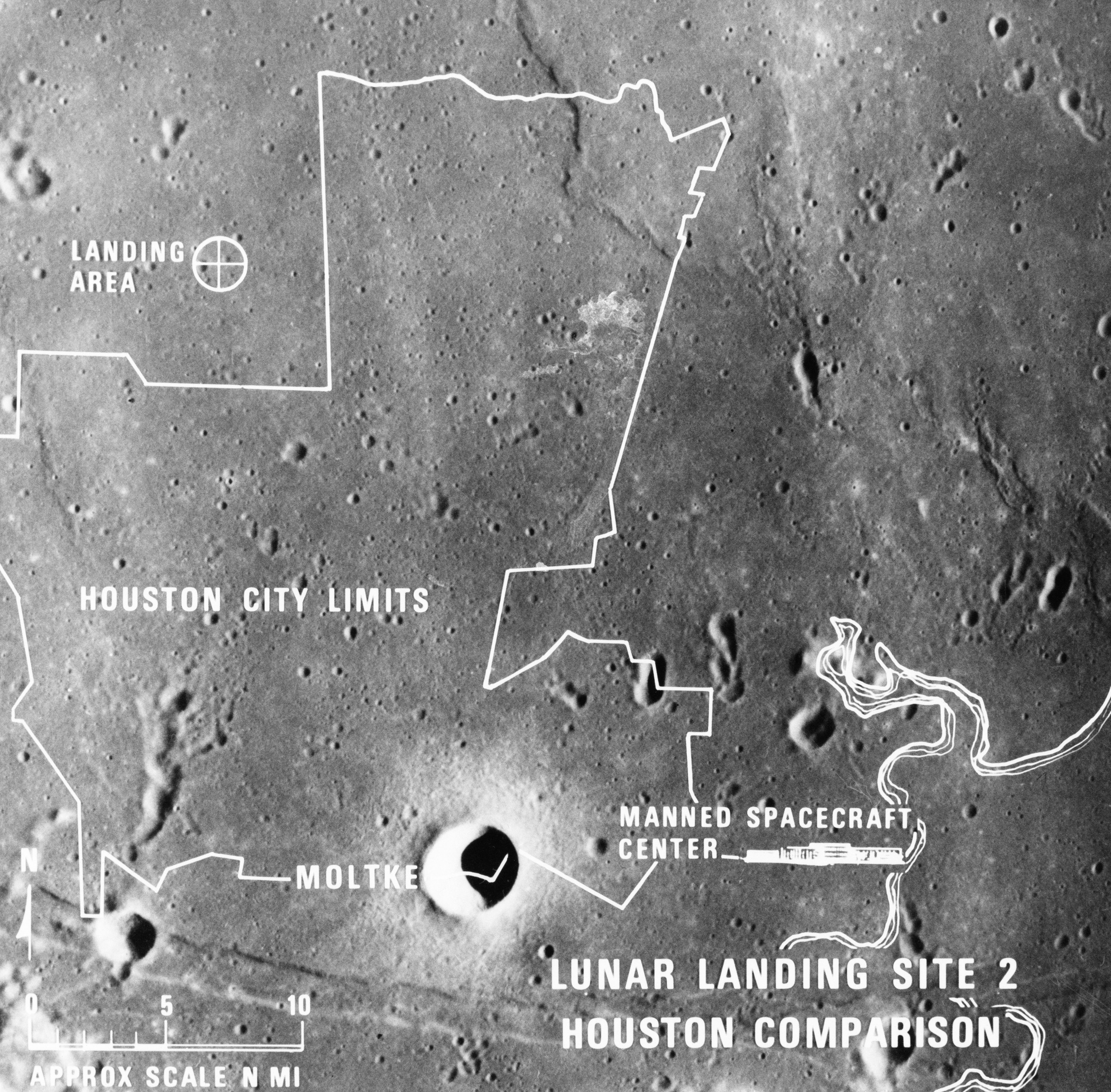 S69-38671 (July 1969) --- A photographic illustration comparing the size of Apollo Landing Site 2 with that of the metropolitan Houston, Texas area.  Site 2 is one of three Apollo 11 lunar landing sites.  This will be the landing site if Apollo 11 is launched on July 16, 1969, as scheduled.  Site 2 is located at 23 degrees 42 minutes 28 seconds east longitude and 0 degrees 42 minutes 50 seconds north latitude in southwestern Mare Tranquillitatis (Sea of Tranquility). (The white overlay is printed over a lunar surface photograph taken from Apollo 10 during its lunar orbit mission and is numbered AS10-31-4537.)
