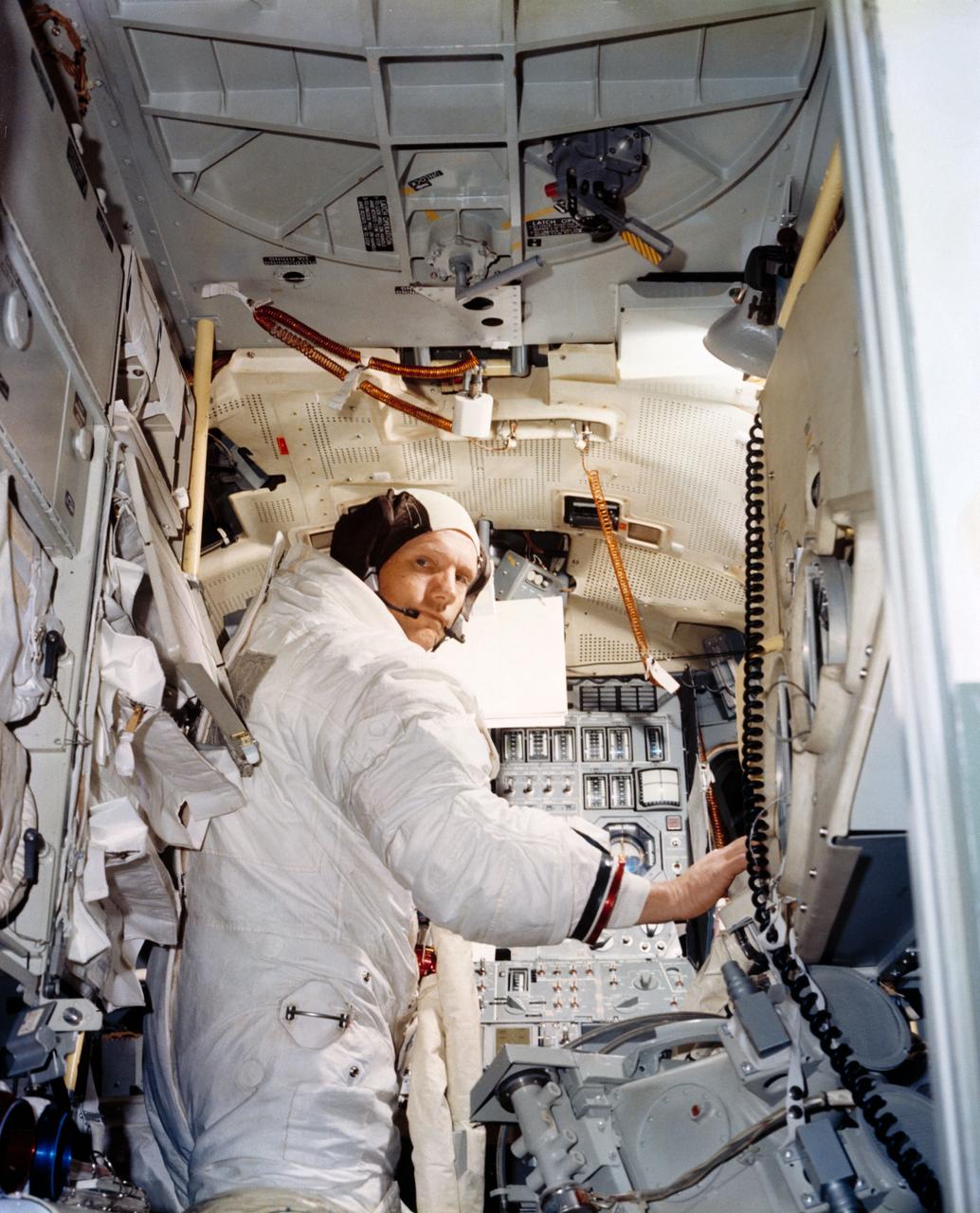 Apollo 11 Commander Neil Armstrong performing Lunar Module (LM) simulations at Kennedy Space Center (KSC).