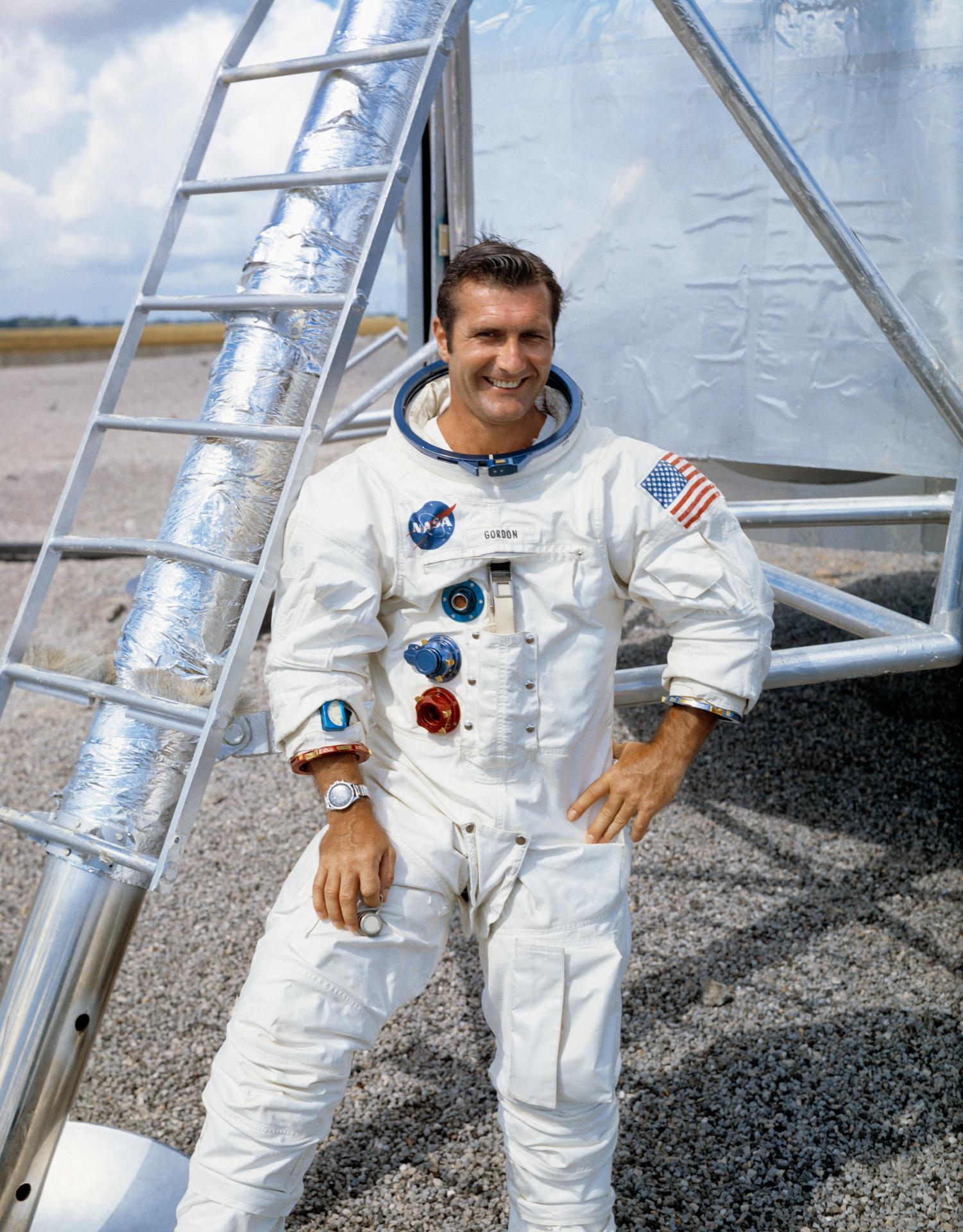 Astronaut Richard F. Gordon, Jr., Prime Crew Command Module Pilot of the Apollo 12 Lunar Landing Mission, in his spacesuit minus the helmet.