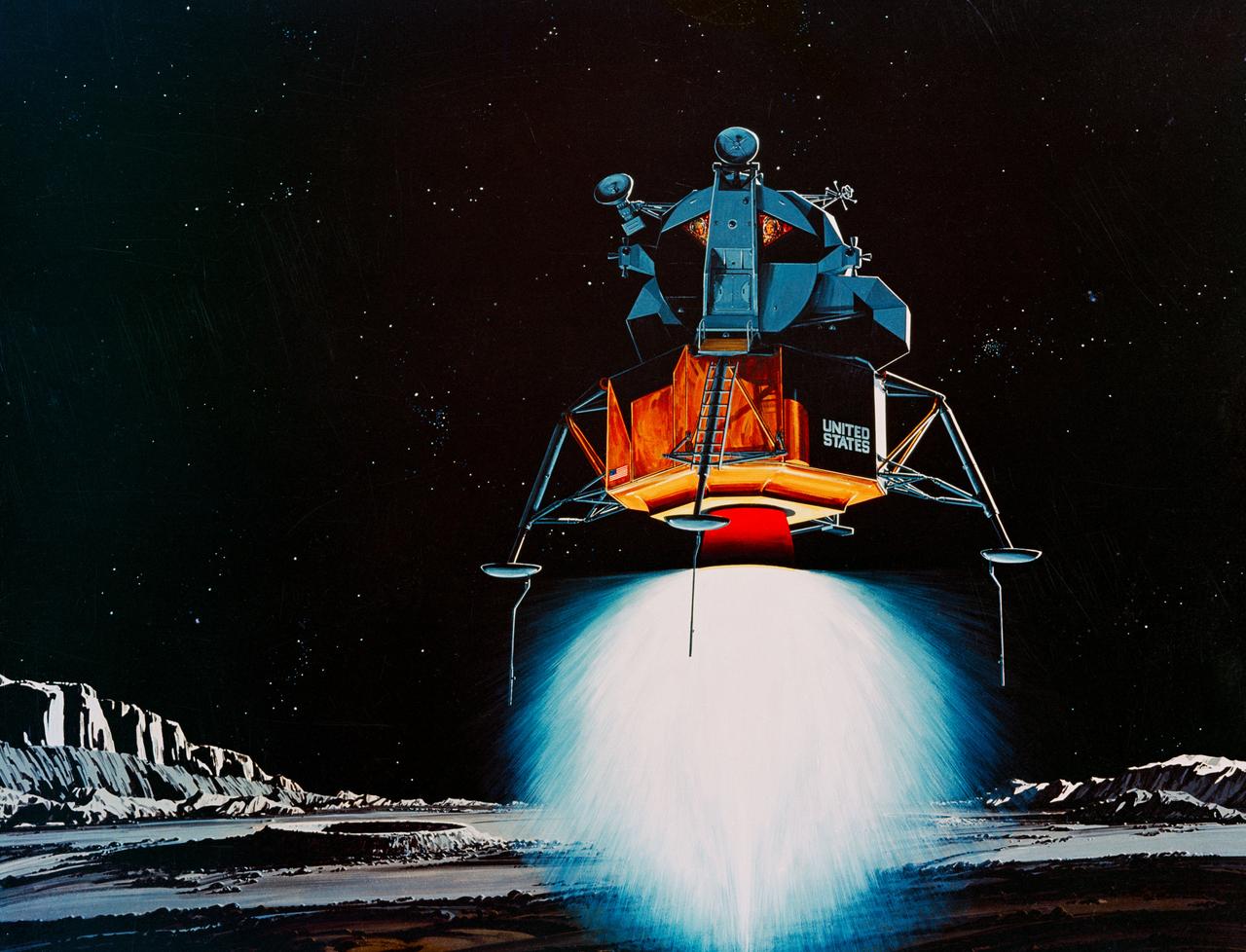 S69-39011 (July 1969) --- TRW Incorporated's artist concept depicting the Apollo 11 Lunar Module (LM) descending to the surface of the moon. Inside the LM will be astronauts Neil A. Armstrong, commander, and Edwin E. Aldrin Jr., lunar module pilot. Astronaut Michael Collins, command module pilot, will remain with the Command and Service Modules (CSM) in lunar orbit. TRW's LM descent engine will brake Apollo 11's descent to the lunar surface.  The throttle-able rocket engine will be fired continuously the last 10 miles of the journey to the moon, slowing the LM to a speed of two miles per hour at touchdown. TRW Incorporated designed and built the unique engine at Redondo Beach, California under subcontract to the Grumman Aircraft Engineering Corporation, Bethpage, New York, the LM prime contractor.