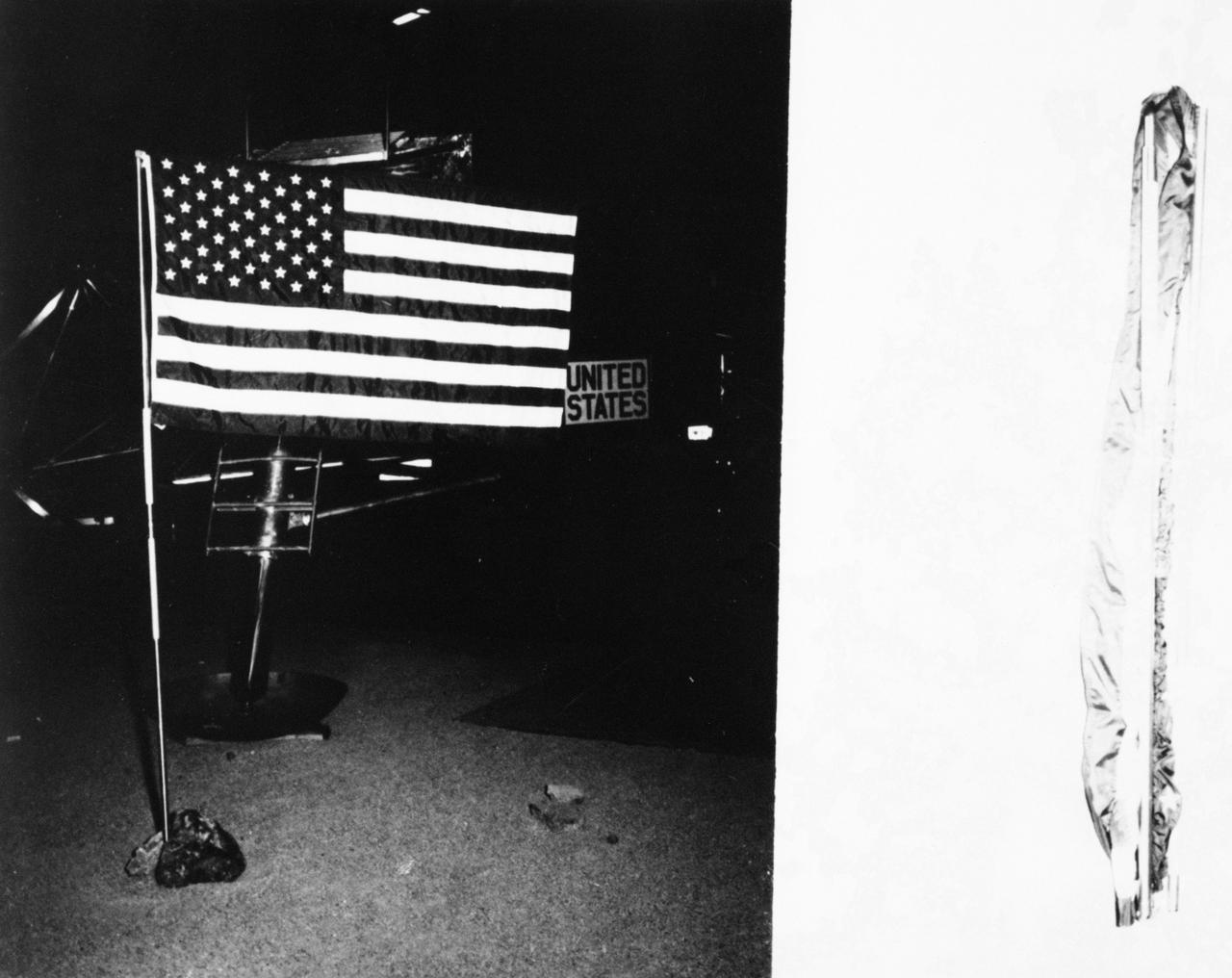 S69-39333 (July 1969) --- This is a photographic illustration of how the flag of the United States will be implanted on the moon by the Apollo 11 astronauts. The flag is three by five feet, and is made of nylon. It will be erected on an eight-foot aluminum staff, and tubing along its top edge will unfurl it in the airless environment of the moon. The implanting of the flag is symbolic of the first time man has landed on another celestial body, and does not constitute a territorial claim by the United States. The photograph on the right shows the flag in a furled condition. Apollo 11 astronauts Neil A. Armstrong, commander; and Edwin E. Aldrin Jr., lunar module pilot, will implant the flag after their Lunar Module (LM) sets down on the moon. Astronaut Michael Collins, command module pilot, will remain with the Command and Service Modules (CSM) in lunar orbit while Armstrong and Aldrin explore the lunar surface.