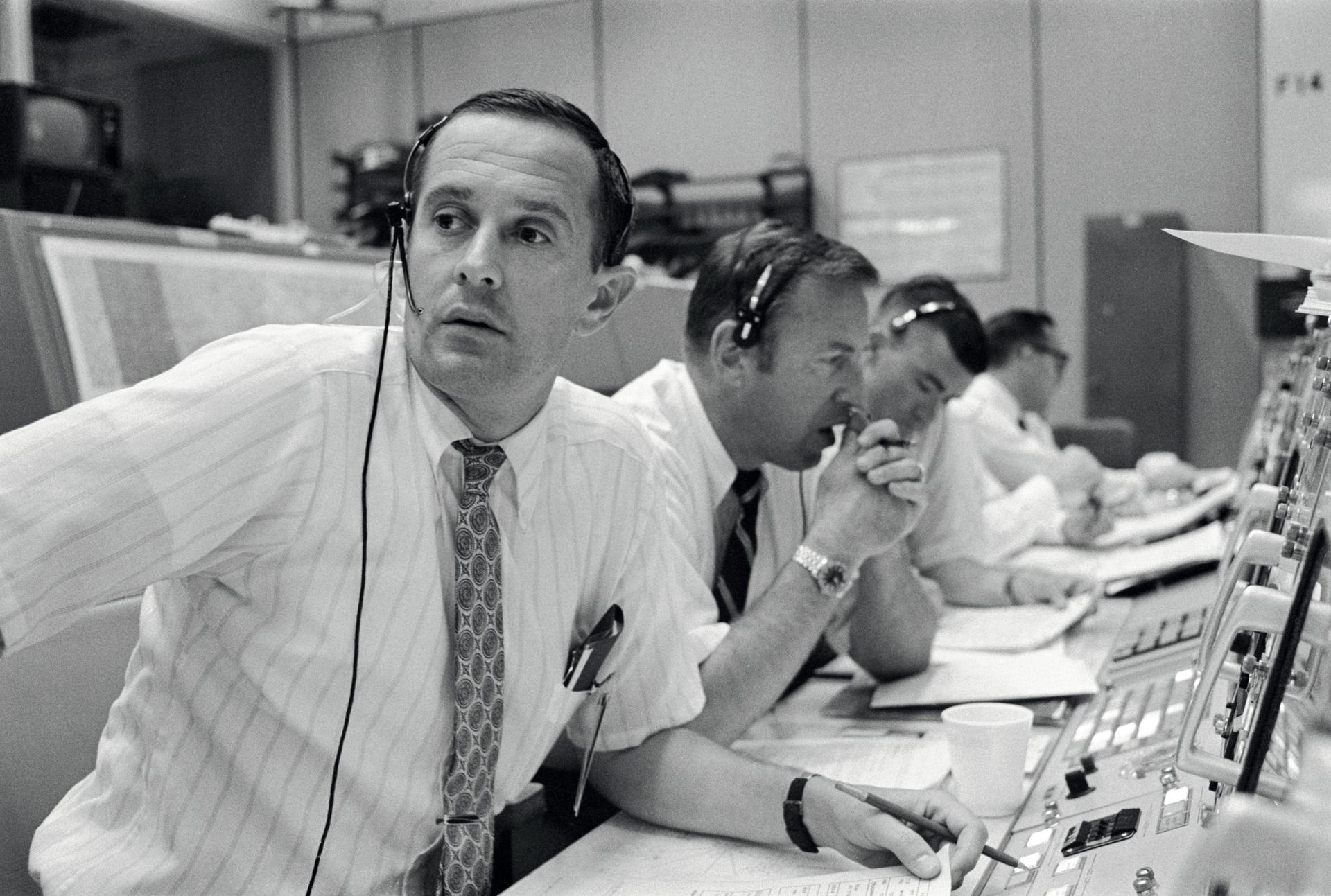 Capcom Charlie Duke at the console in Mission Control for the Apollo 11 landing