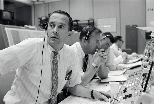 NASA image: KEY CONTROL PEOPLE IN MMC DURING LUNAR TOUCHDOWN  7/20/69