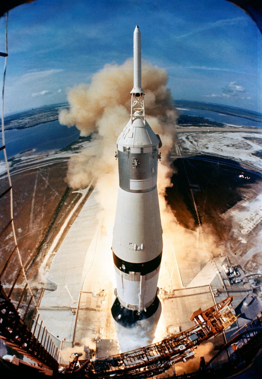 S69-39961 (16 July 1969) --- The huge, 363-feet tall Apollo 11 (Spacecraft 107/Lunar Module S/Saturn 506) space vehicle is launched from Pad A, Launch Complex 39, Kennedy Space Center (KSC), at 9:32 a.m. (EDT), July 16, 1969. Onboard the Apollo 11 spacecraft are astronauts Neil A. Armstrong, commander; Michael Collins, command module pilot; and Edwin E. Aldrin Jr., lunar module pilot. Apollo 11 is the United States' first lunar landing mission. While astronauts Armstrong and Aldrin descend in the Lunar Module (LM) "Eagle" to explore the Sea of Tranquility region of the moon, astronaut Collins will remain with the Command and Service Modules (CSM) "Columbia" in lunar orbit. Photo credit: NASA