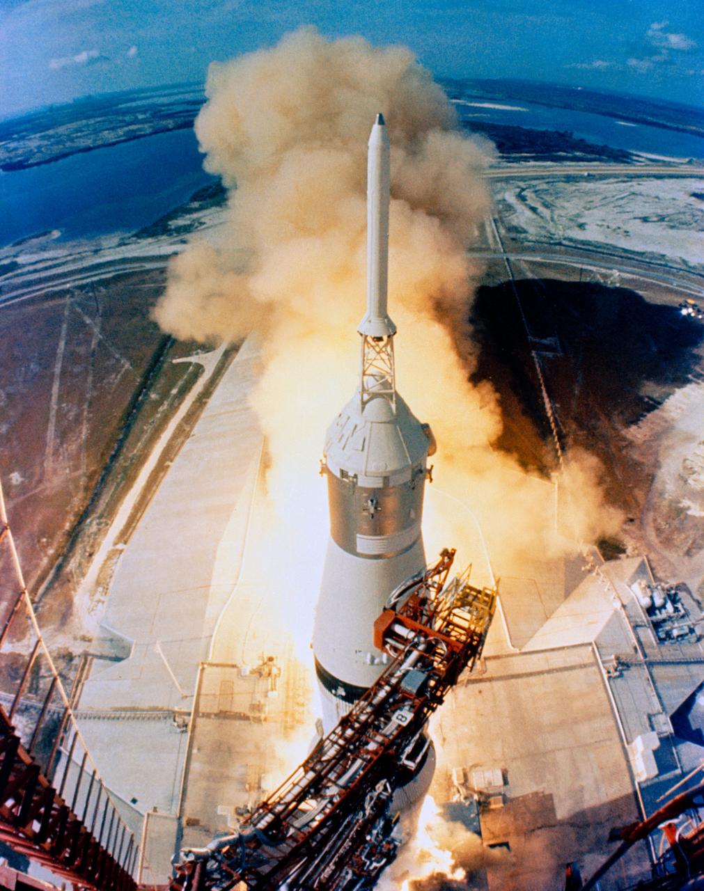 The huge, 363-foot tall Apollo XI Spacecraft 107/Lunar Module (LM)-5/Saturn 506) Space Vehicle is launched from Pad "A", Launch Complex (LC)-39, KSC, at 9:32 a.m. (EDT), 07/16/1969. This view of the liftoff was taken by a camera mounted on the Mobile Launch Tower. KSC, FL