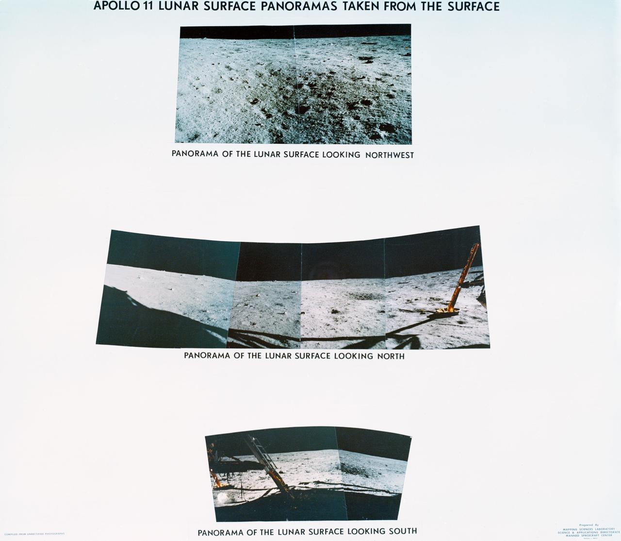 S69-44463 (July 1969) --- Astronaut Neil A. Armstrong took this series of pictures of the landing site of Apollo 11's Lunar Module (LM) Eagle on the lunar surface.  These panoramic views of the lunar surface reveal the surface near where the LM touched down, in the southeastern Sea of Tranquility.  Foot pads and shadows of the LM are visible in the two of the three panoramic views.
