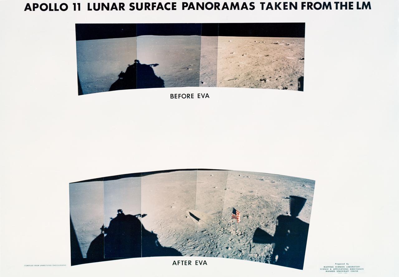 S69-44465 (20 July 1969) --- These panoramic views of the lunar surface, photographed from the Apollo 11 Lunar Module (LM) as it rested on the lunar surface.  The views reveal the surface near where the LM touched down, in the southeastern Sea of Tranquility.  The views are as it looked before and after astronauts Neil A. Armstrong and Edwin E. Aldrin Jr. participated in extravehicular activity (EVA).  The United States flag is pictured in the bottom or "after" photo with the black and white lunar surface television camera pictured at the right of flag.  Shadows of the LM are visible in the two panoramic views and a silhouette of part of a Reaction Control Subsystem thruster is seen in the bottom picture.  Note the numerous footprints made by the two crewmen during the EVA period.