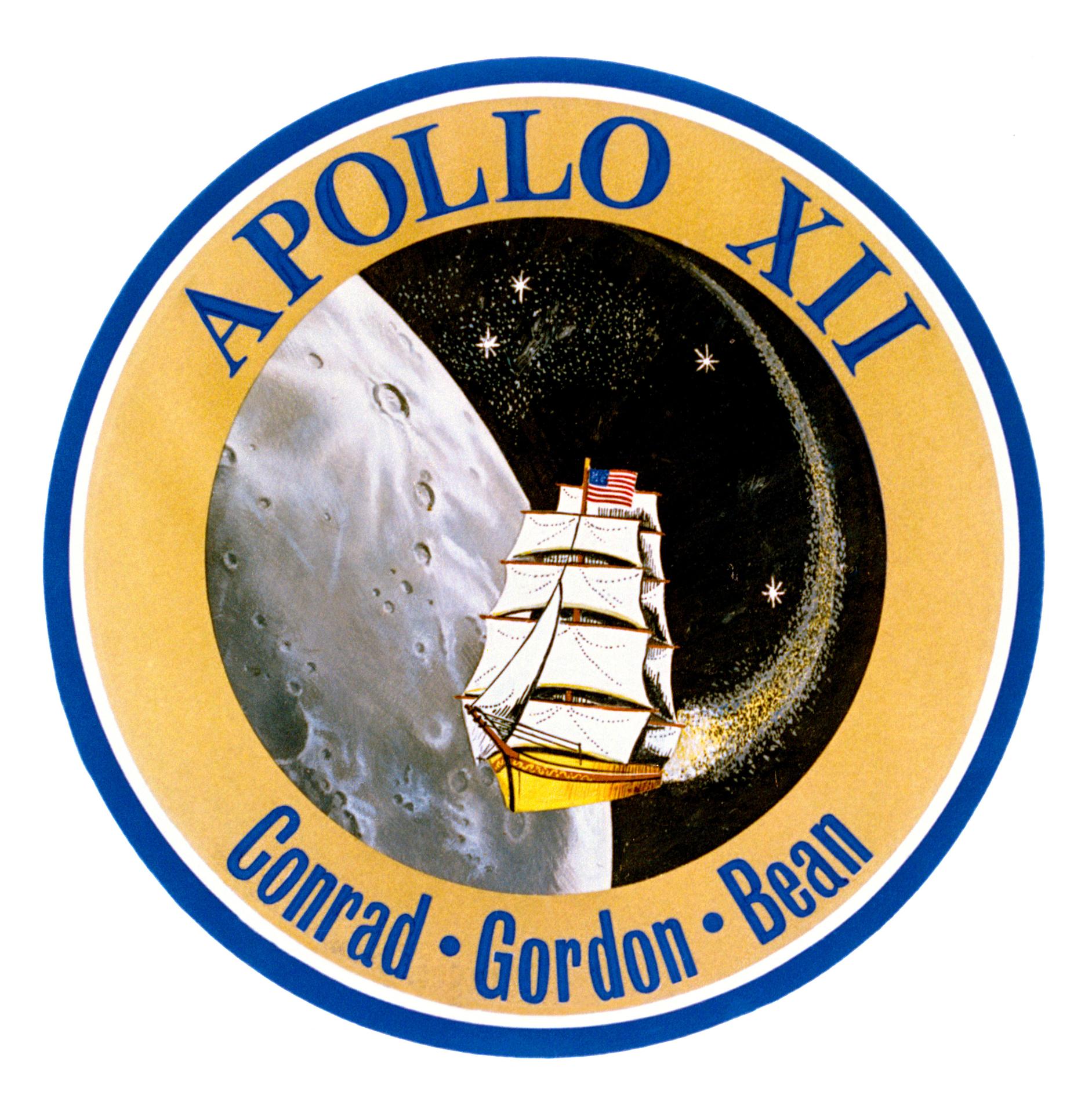 Insignia for Apollo 12: The graphic shows a sailing ship flying into orbit around the Moon. The words Apollo XII, Conrad, Gordon, and Bean appear along the edge of the emblem.