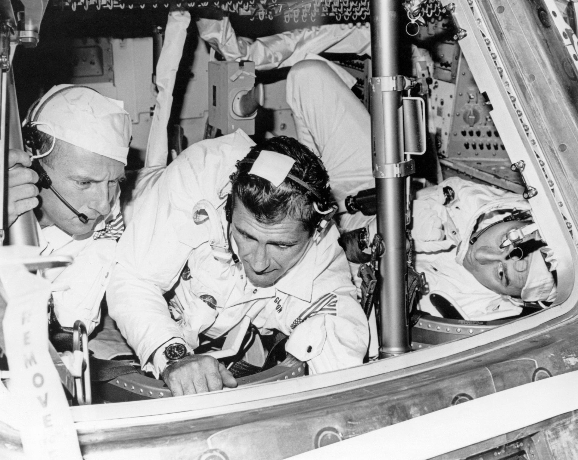 The prime crew of the Apollo 12 lunar landing mission during spacecraft checkout activity at North American Rockwell Space Division at Downey, California. 