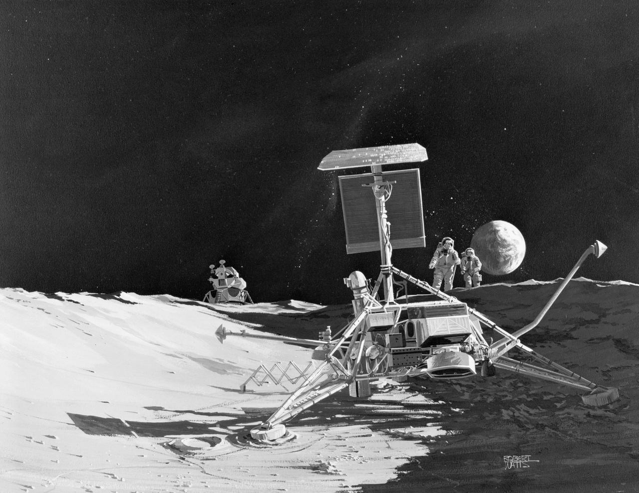 S69-55553 (October 1969) --- Ryan Aeronautical Company artist's concept depicting a close-up view of Surveyor 3 resting in the Ocean of Storms on the lunar nearside. Two Apollo 12 astronauts are seen approaching in the background. The Apollo 12 Lunar Module (LM) is in the left background. The Earth is in the right background. The inspection of Surveyor 3, which has been resting on the moon since April 1967, is an important objective of the Apollo 12 lunar landing mission. Selected pieces of Surveyor 3 will be brought back to Earth for scientific examination. Ryan landing radar has guided both Surveyor and Apollo spacecraft to soft landings on the moon.