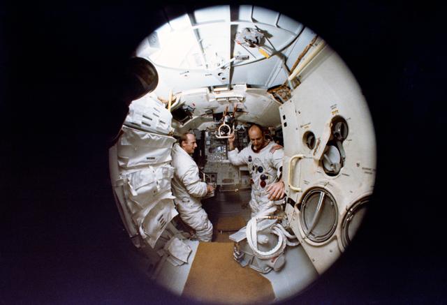 NASA image: Apollo 12 crewmembers shown in Apollo Lunar Module Mission Simulator