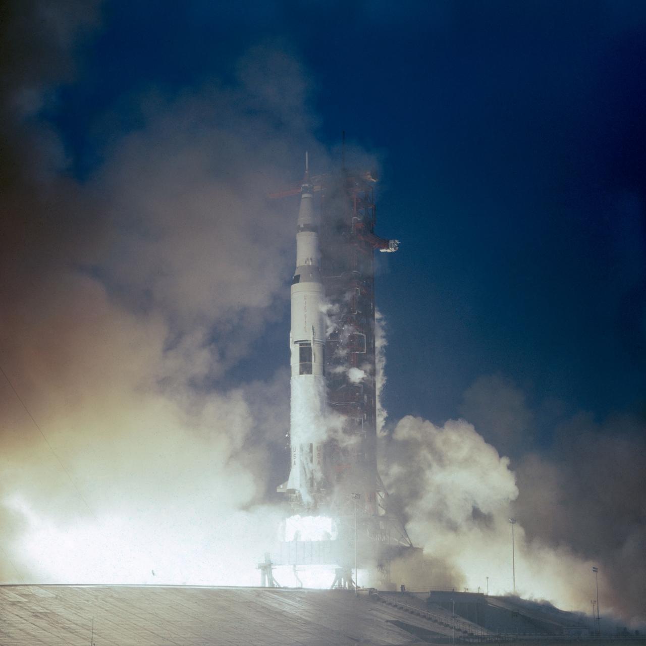 S69-58879 (14 Nov. 1969) --- The huge, 363-feet tall Apollo 12 (Spacecraft 108/Lunar Module 6/Saturn 507) space vehicle is launched from Pad A, Launch Complex 39, Kennedy Space Center (KSC), at 11:22 a.m. (EST), Nov. 14, 1969. Aboard the Apollo 12 spacecraft were astronauts Charles Conrad Jr., commander; Richard F. Gordon Jr., command module pilot, and Alan L. Bean, lunar module pilot. Apollo 12 is the United States' second lunar landing mission.