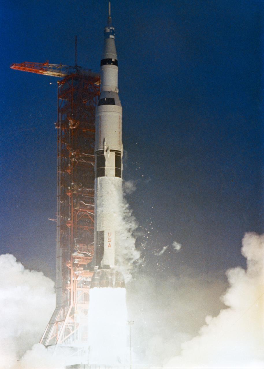 S69-58883 (14 Nov. 1969) --- The huge, 363-feet tall Apollo 12 (Spacecraft 108/Lunar Module 6/Saturn 507) space vehicle is launched from Pad A, Launch Complex 39, Kennedy Space Center (KSC), at 11:22 a.m. (EST), Nov. 14, 1969. Aboard the Apollo 12 spacecraft were astronauts Charles Conrad Jr., commander; Richard F. Gordon Jr., command module pilot; and Alan L. Bean, lunar module pilot. Apollo 12 is the United States' second lunar landing mission.