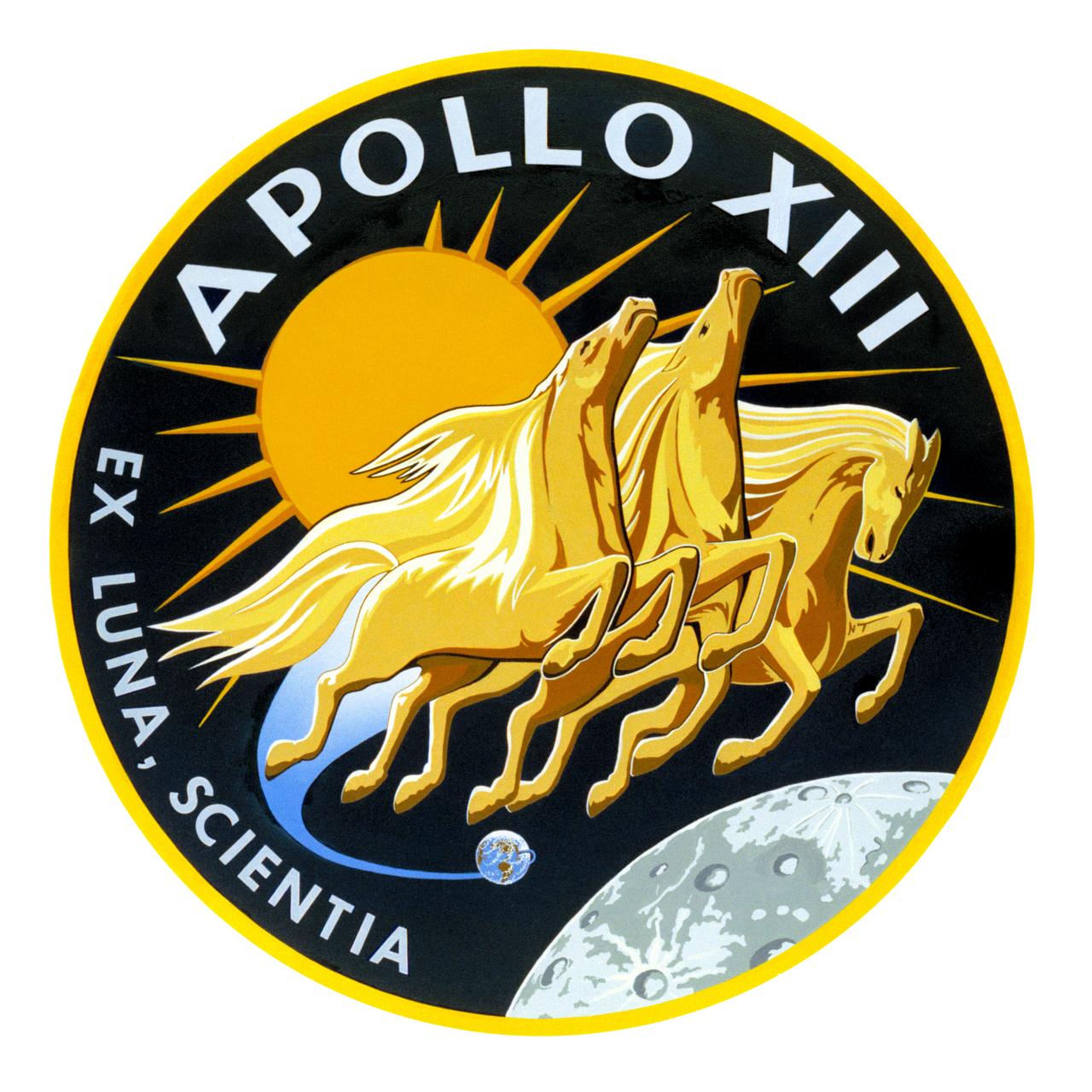 S69-60662 (December 1969) --- This is the insignia of the Apollo 13 lunar landing mission.  The Apollo 13 prime crew will be astronauts James A. Lovell Jr., commander; Thomas K. Mattingly II, command module pilot; and Fred W. Haise Jr., lunar module pilot.  Represented in the Apollo 13 emblem is Apollo, the sun god of Greek mythology, symbolizing how the Apollo flights have extended the light of knowledge to all mankind.  The Latin phrase Ex Luna, Scientia means "From the Moon, Knowledge."  Apollo 13 will be the National Aeronautics and Space Administration's (NASA) third lunar landing mission.