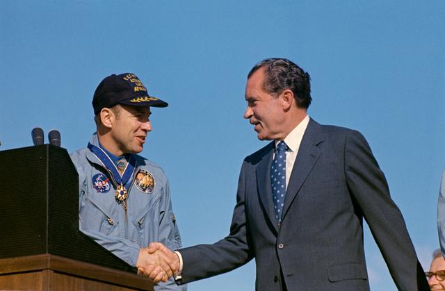 NASA image: President Nixon at Hickam AFB congratulates Astronaut James Lovell