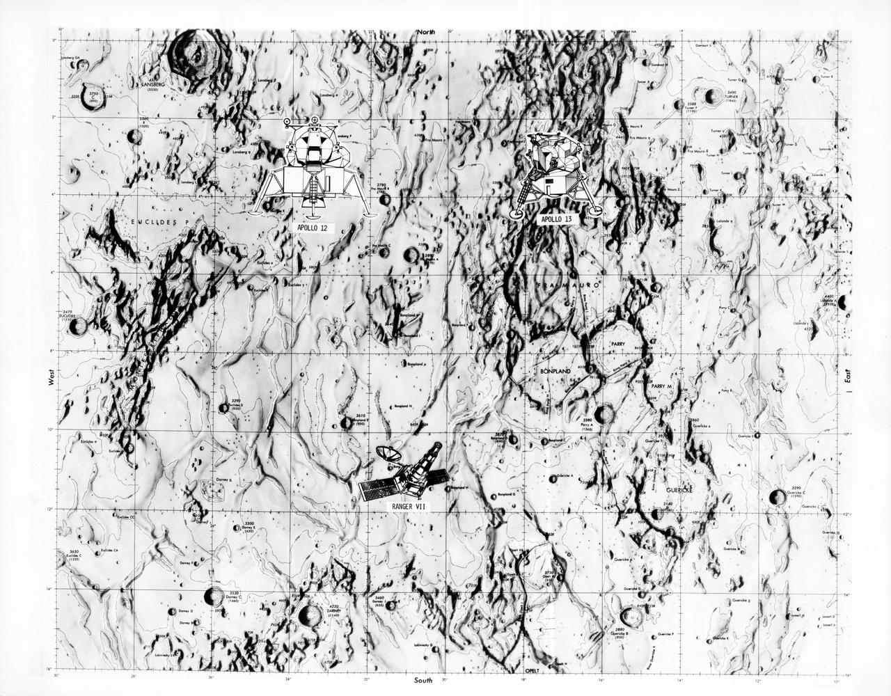 S70-28115 (January 1970) --- This overlay map of terrain on the lunar nearside shows the area of the landing site of the upcoming Apollo 13 mission, in relation to two previous NASA landings.  The proposed Apollo 13 landing site is located in the highlands north of Fra Mauro.  The coordinates of the planned site are 17.550 degrees west longitude and 3.617 degrees south latitude.  The landing site of the Apollo 12 mission, which was highlighted by a lunar landing on Nov. 19, 1969, is located approximately 105 nautical miles west of the Apollo 13 site.  The landing site of the unmanned Ranger 7 space vehicle, which impacted on the moon on July 31, 1964, at 10.74 degrees south latitude and 20.7 degrees west longitude, is approximately 130 nautical miles south-southwest of the Apollo 13 site, and approximately 140 nautical miles south-southeast of the Apollo 12 site.