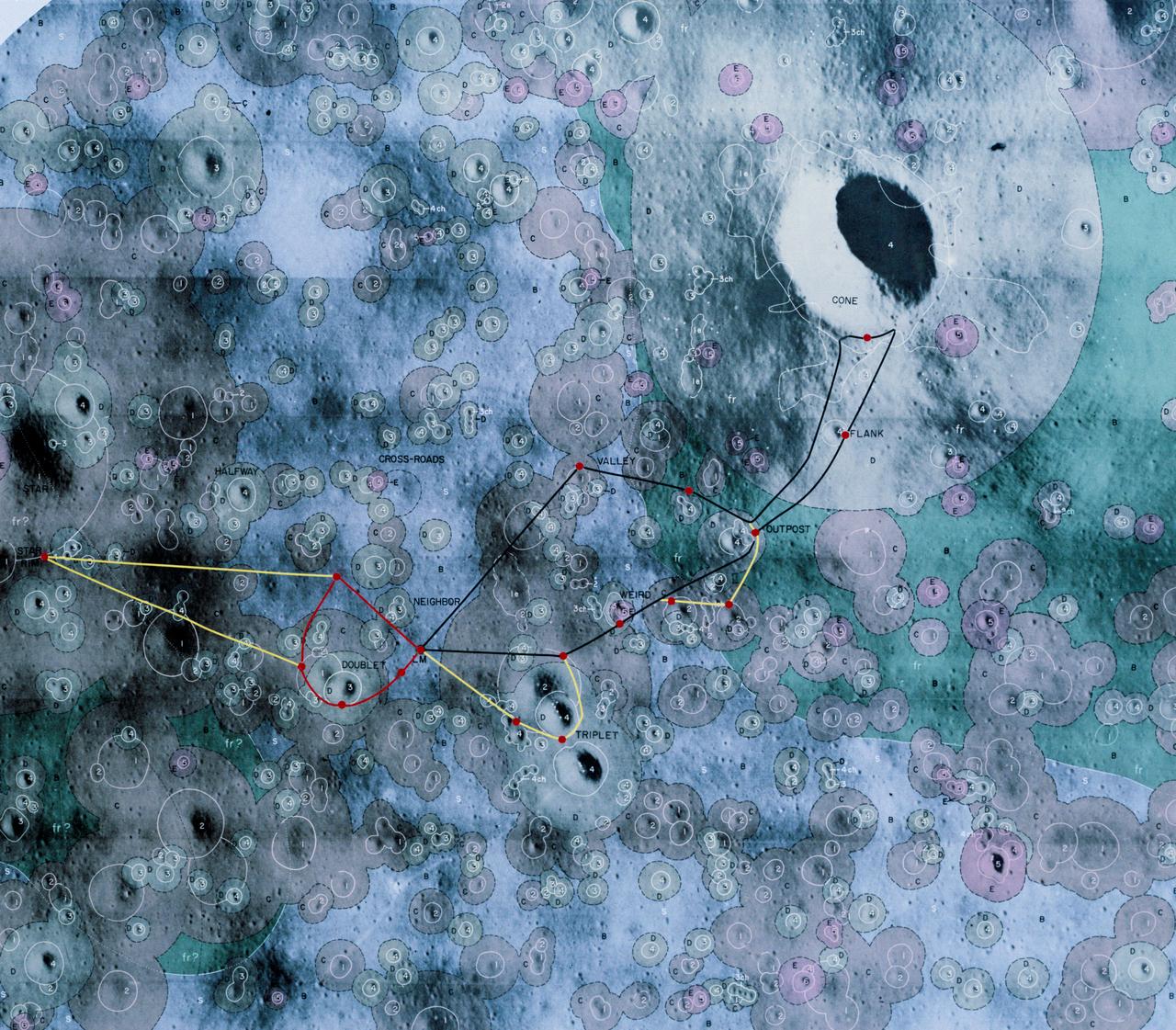 S70-30828 (March 1970) --- A photographic illustration of the Fra Mauro area showing the scheduled traverses planned for the extravehicular activity (EVA) on the Apollo 13 lunar landing mission. The larger red dot marked LM indicates the landing point of the Apollo 13 Lunar Module (LM). The red line shows the path of the first EVA traverse. The second EVA traverse is marked with a black line. The yellow line denotes the extension of each traverse in the event a decision is made to do so. The red dots indicate the points of interest for samples and for observation. Participating in the Apollo 13 EVA will be astronauts James A. Lovell Jr., commander; and Fred W. Haise Jr., lunar module pilot. Astronaut Thomas K. Mattingly II , command module pilot, will remain with the Command and Service Modules (CSM) in lunar orbit.