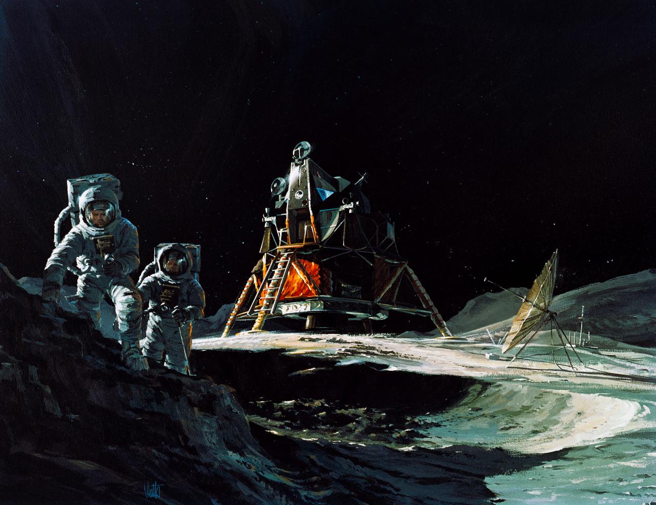 S70-31774 (March 1970) --- An artist's concept by Teledyne Ryan Aeronautical, San Diego, California, showing two Apollo 13 astronauts exploring the surface of the moon.  In the center background is the Lunar Module (LM).  Apollo 13 will land in the rugged highlands just north of Fra Mauro.  The crew of the Apollo 13 lunar landing mission will be astronauts James A. Lovell Jr., commander; Thomas K. Mattingly II, command module pilot; and Fred W. Haise Jr., lunar module pilot.  Lovell and Haise are represented by the two men in this picture.
