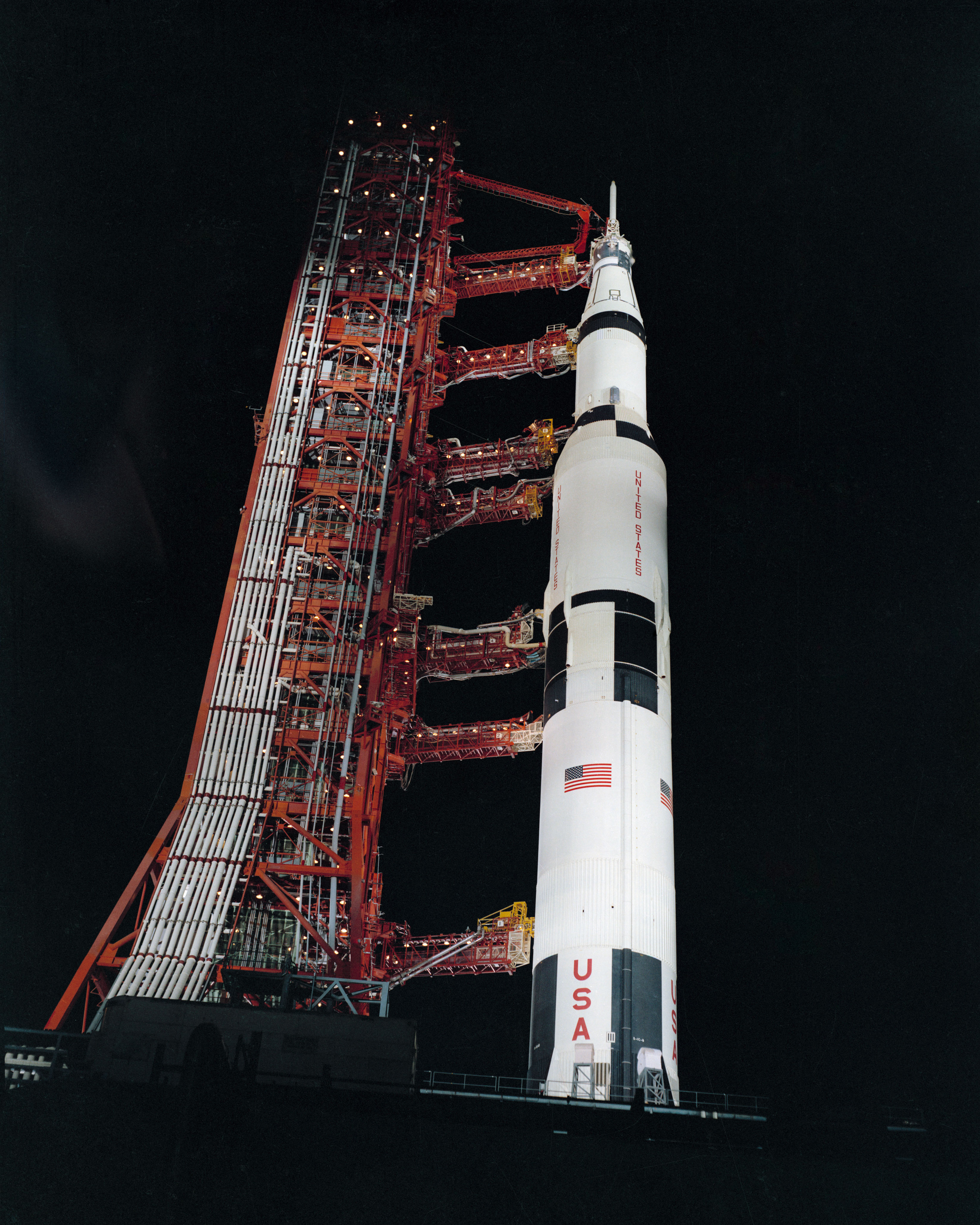 Apollo 13 on launch pad at night