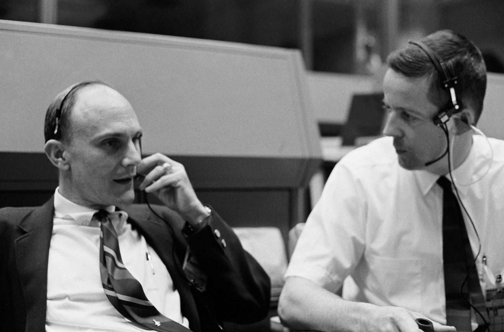 Astronauts Ken Mattingly and Joe Kerwin in mission control during the Apollo 13 mission