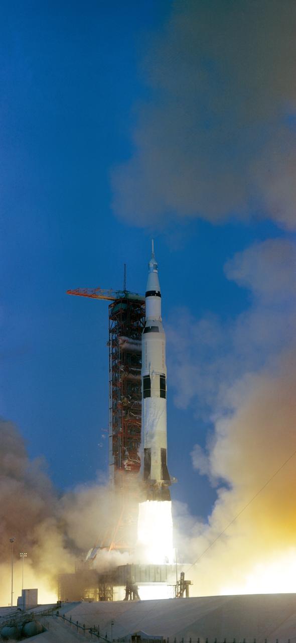 S70-34853 (11 April 1970) --- The Apollo 13 (Spacecraft 109/Lunar Module 7/Saturn 508) space vehicle is launched from Pad A, Launch Complex 39, Kennedy Space Center (KSC), at 2:13 p.m. (EST), April 11, 1970. The crew of the National Aeronautics and Space Administration's (NASA) third lunar landing mission are astronauts James A., Lovell Jr., commander; John L. Swigert Jr., command module pilot; and Fred W. Haise Jr., lunar module pilot.