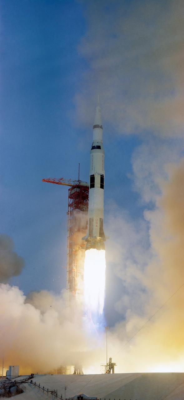 S70-34854 (11 April 1970) --- The Apollo 13 (Spacecraft 109/Lunar Module 7/Saturn 508) space vehicle is launched from Pad A, Launch Complex 39, Kennedy Space Center (KSC), at 2:13 p.m. (EST), April 11, 1970.  The crew of the National Aeronautics and Space Administration's (NASA) third lunar landing mission are astronauts James A. Lovell Jr., commander; John L. Swigert Jr., command module pilot; and Fred W. Haise Jr., lunar module pilot.