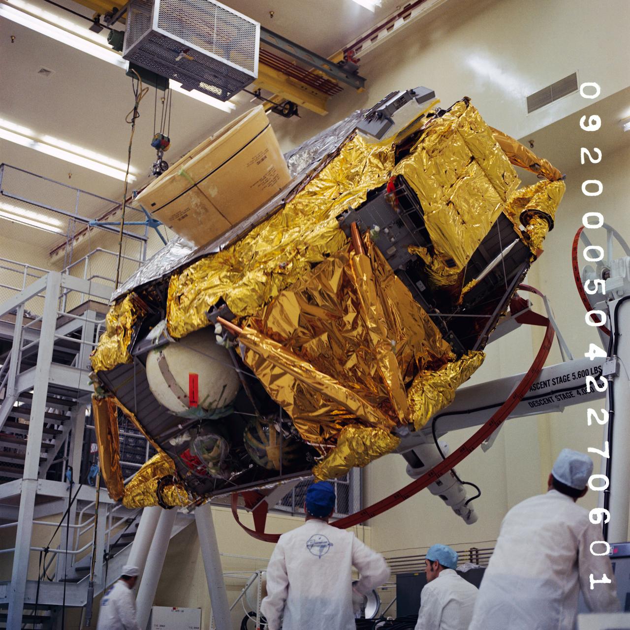 S70-39998 (2 June 1970) --- Manufacturing and testing view of Lunar Module (LM)-9 Descent Stage to Rotate & Clean Fixture at the Grumman, Bethpage, NY, Facility. Photo credit: NASA/Grumman