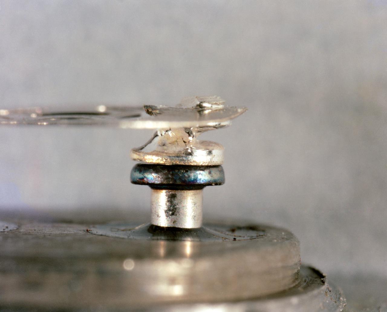 S70-40850 (June 1970) --- Fused thermal switch from Apollo Service Module (SM) oxygen tank after test at the NASA Manned Spacecraft Center (MSC) simulating Apollo 13 de-tanking procedures.