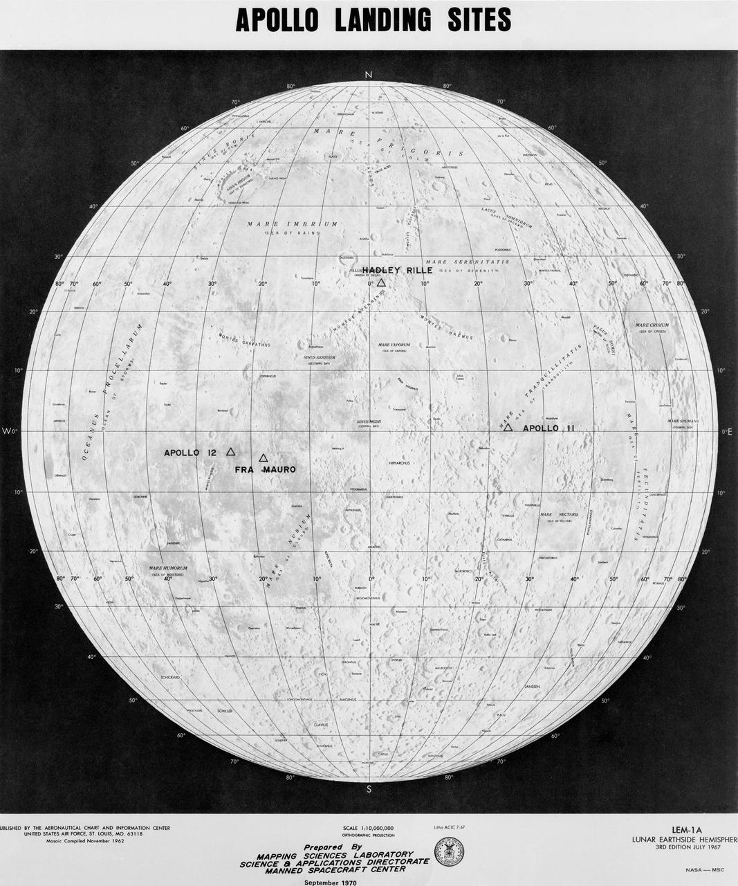S70-50761 (September 1970) --- This map prepared by Mapping Sciences Laboratory, Science & Applications Directorate at the Manned Spacecraft Center, shows the projected Apollo landing sites.  Apollo 11 completed a successful lunar landing mission in the Sea of Tranquility in July 1969.  Apollo 12 completed a successful lunar landing mission in the Ocean of Storms in November 1969.