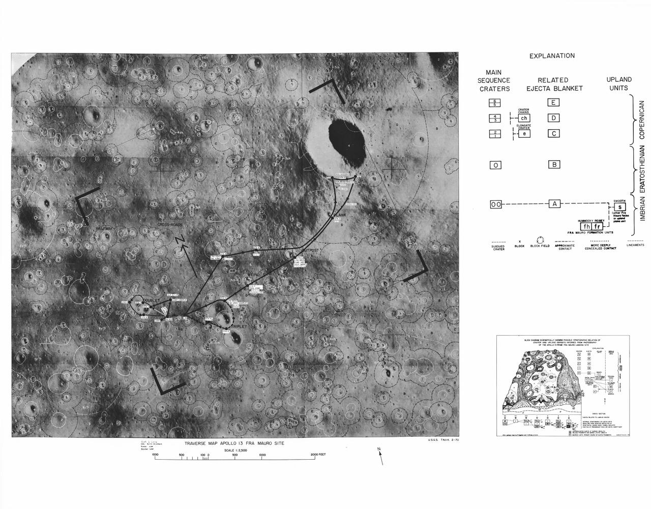 This lunar map shows the traverse plans for the Apollo 14 lunar landing mission. Areas marked include Lunar module landing site, areas for the Apollo Lunar Surface Experiment Package (ALSEP) and areas for gathering of core samples.