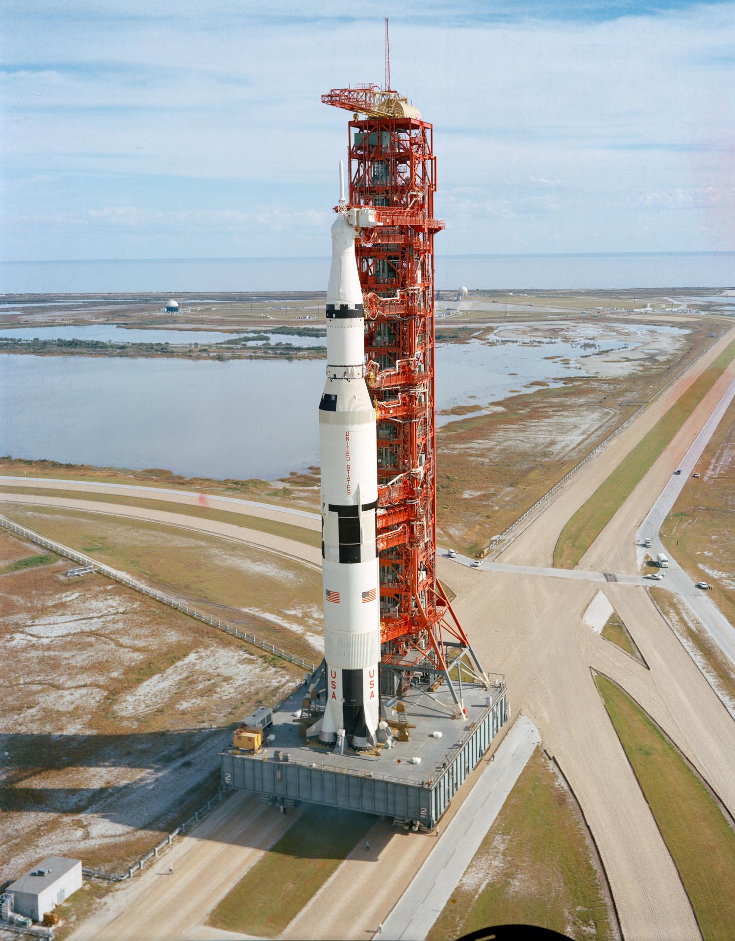 High angle view of Apollo 14 space vehicle on way to Pad A