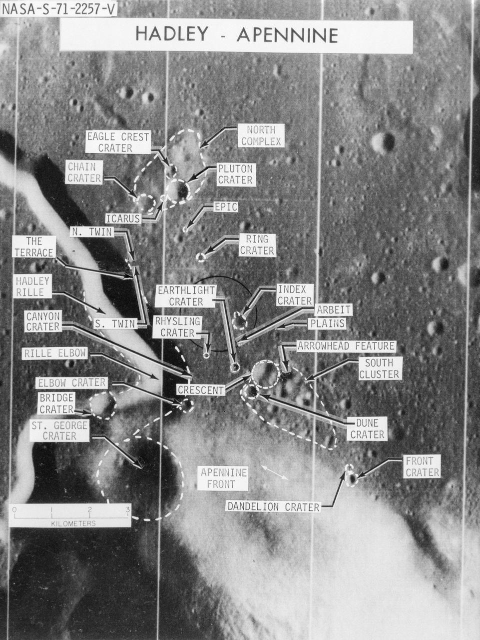 S71-02257 (June 1971) --- An enlarged Lunar Orbiter photograph showing the Apollo 15 landing area in the Hadley-Apennine region on the lunar nearside. The overlay identifies numerous lunar features in the area.