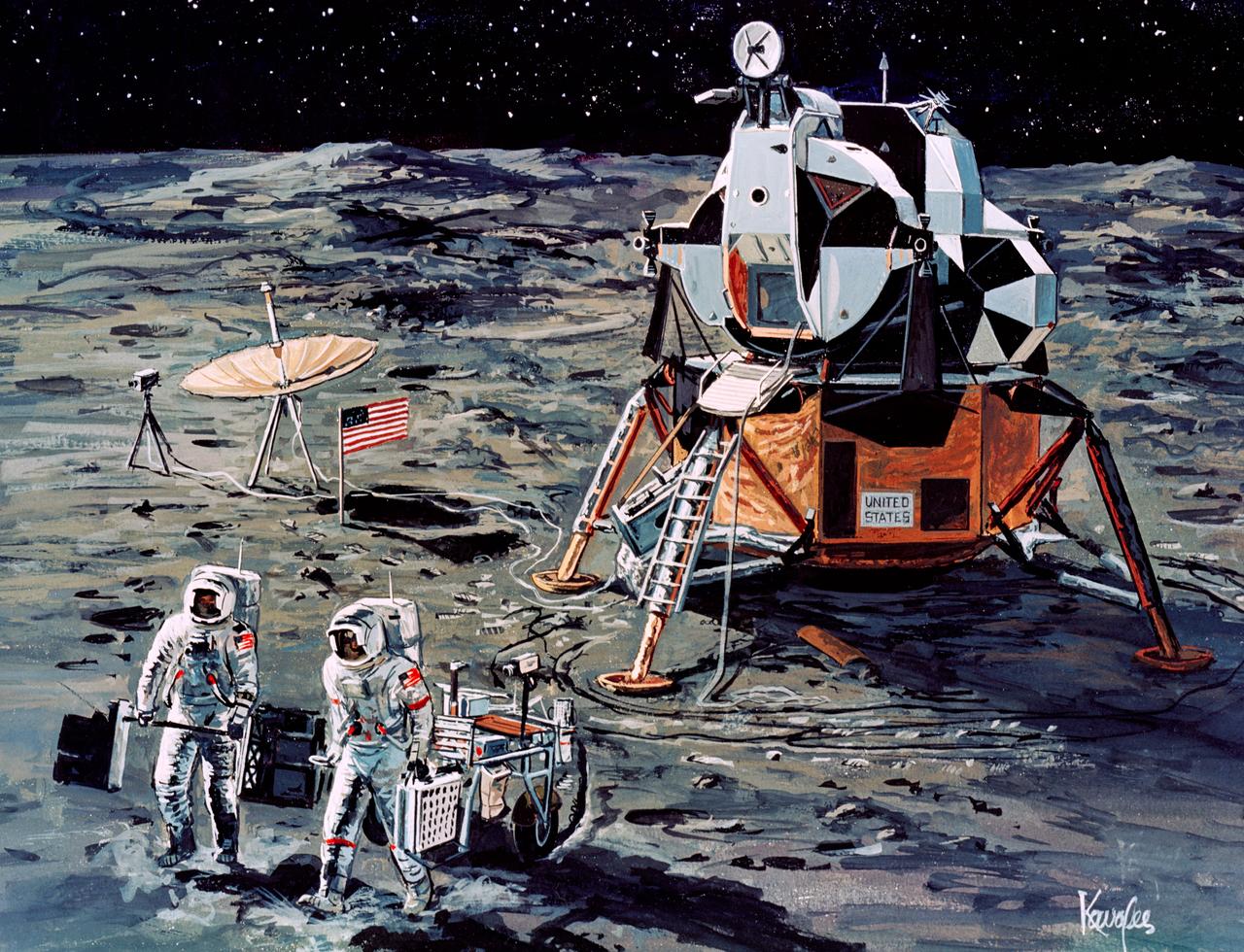 S71-16101 (January 1971) --- A Grumman Aerospace Corporation artist's concept of Apollo 14 crewmen, astronauts Alan B. Shepard Jr., commander, and Edgar D. Mitchell, lunar module pilot, as they set out on their first traverse. Shepard is pulling the Modularized Equipment Transporter (MET) which contains cameras, lunar sample bags, tools and other paraphernalia. Shepard has the Laser Ranging Retro-Reflector (LR-3) in his other hand. Mitchell is carrying the Apollo Lunar Surface Experiments Package (ALSEP) barbell mode.