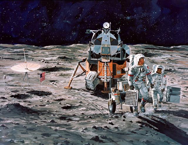 NASA image: Artist's concept of Apollo 14 crewmen on their firs traverse of lunar surface