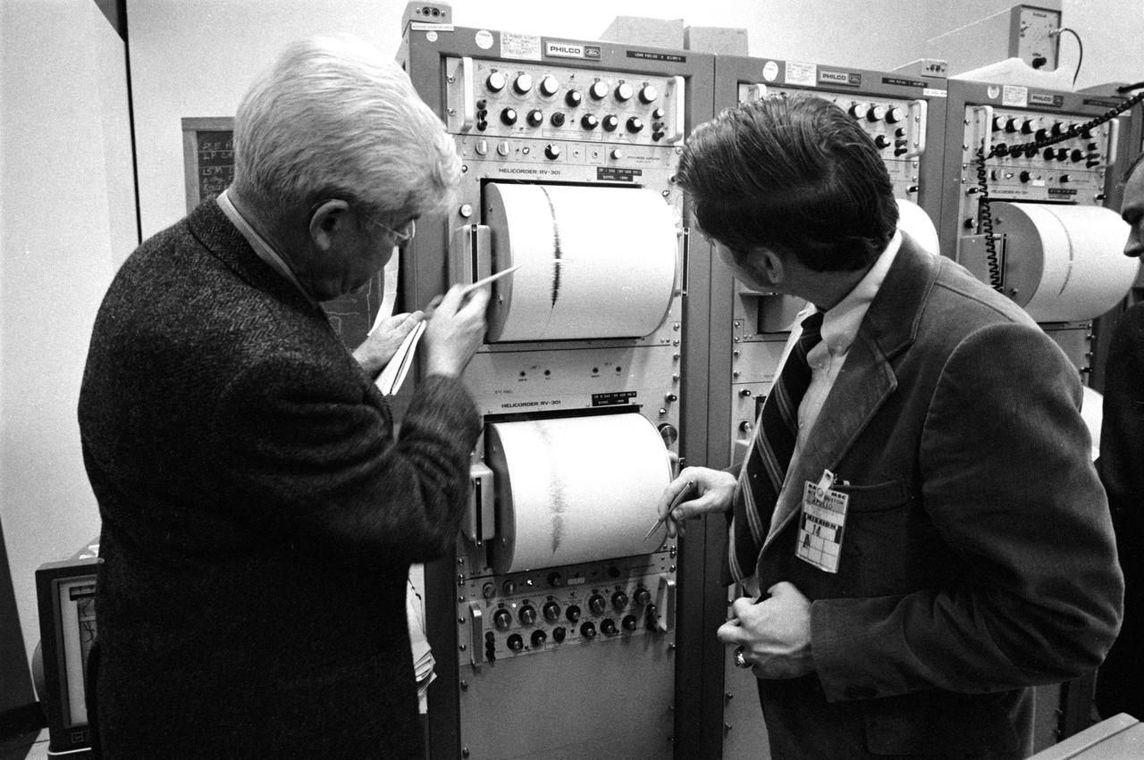 S71-17609 (4 Feb. 1971) --- These two individuals are examining a seismic reading in the Mission Control Center's ALSEP Room during the Apollo 14 S-IVB impact on the moon. Dr. Maurice Ewing (left) is the director of the Lamont-Doherty Geological Observatory at Columbia University. David Lammlein, a Columbia graduate student, is on the right. The Apollo 14 Saturn IVB stage impacted on the lunar surface at 1:40:54 a.m. (CST), Feb. 4, 1971, about 90 nautical miles south-southwest of the Apollo 12 passive seismometer. The energy release was comparable to 11 tons of TNT. Dr. Gary Latham of the Lamont-Doherty Geological Observatory is the principal investigator for the Passive Seismic Experiment, a component of the Apollo Lunar Surface Experiments Package.