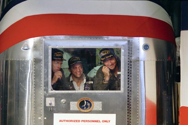 NASA image: Apollo 14 crewmembers sealed inside a Mobile Quarantine Facility