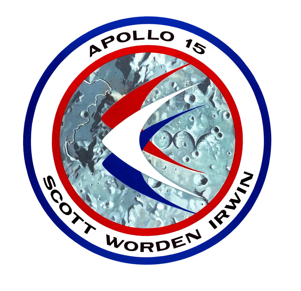 S71-30463 (May 1971) --- This is the insignia designed for the Apollo 15 lunar landing mission. The circular design features the colors red, white and blue. On the outer portion of the patch a narrow band of blue and a narrow band of red encircle a wider band of white. The large disc in the center of the emblem has red, white and blue symbols of flight, superimposed over an artist's concept of the Apollo 15 Hadley-Apennine landing site of gray tone. The surnames of the three names are centered in the white band at the bottom of the insignia. The Apollo 15 prime crew men are David R. Scott, commander; Alfred M. Worden, command module pilot; and James B. Irwin, lunar module pilot.     This is the official Apollo 15 emblem, property of the government of the United States. It has been authorized only for use by the astronauts. Its production in any form other than in news, information and education media is not authorized without approval. Unauthorized use of the photograph is subject to the provisions of Title 18, U.S. Code, Section 701.