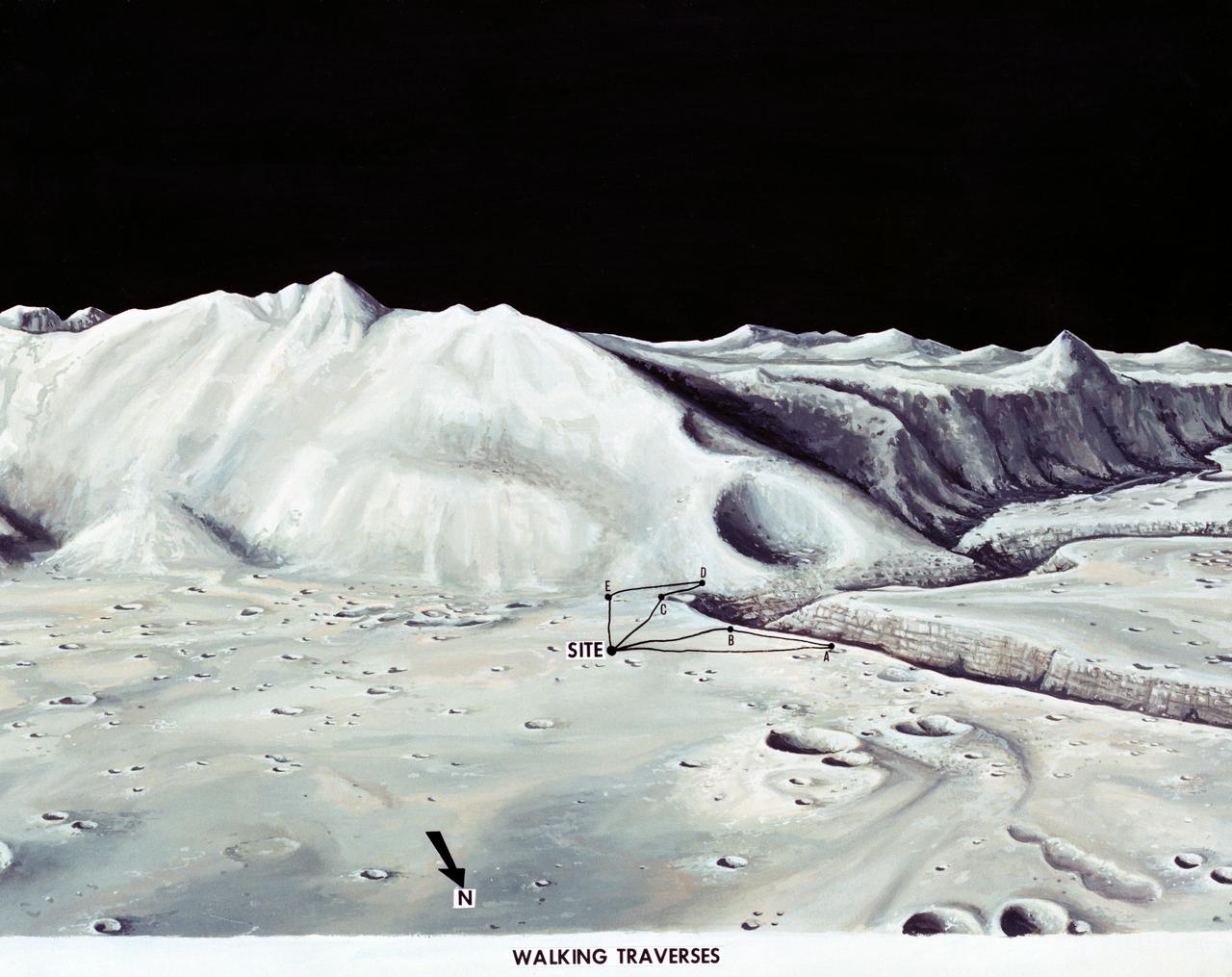 S71-33432 (1 July 1971) --- These alternative traverses can be carried out on foot. They will be used if the Lunar Roving Vehicle (LRV) becomes inoperative. This artist's concept showing part of the Hadley Rille and several of the Apennine Mountains was excerpted from "On the Moon with Apollo 15: A Guidebook to the Hadley-Apennine Region," by Gene Simmons. Artwork by Jerry Elmore.