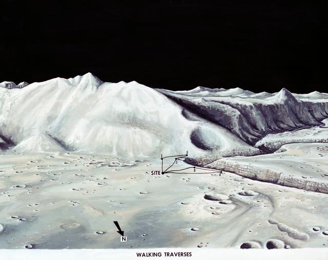 NASA image: Artist's concept of Hadley-Apennine landing site with alternate traverses